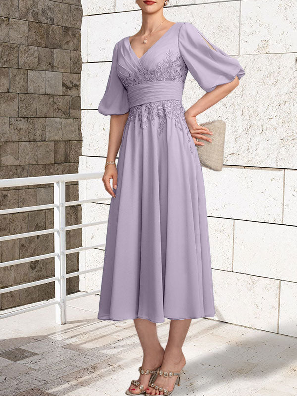 A-Linien Mutterkleid mit V-Ausschnitt, tea-length, Spitze und Chiffon mit Falten