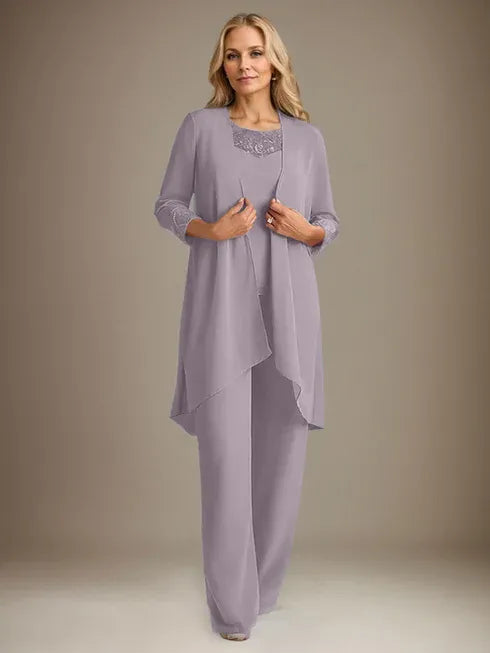 Chiffon Kleid mit Rundhalsausschnitt und langen Ärmeln, Mutter-der-Braut Hosenanzug mit Jacke