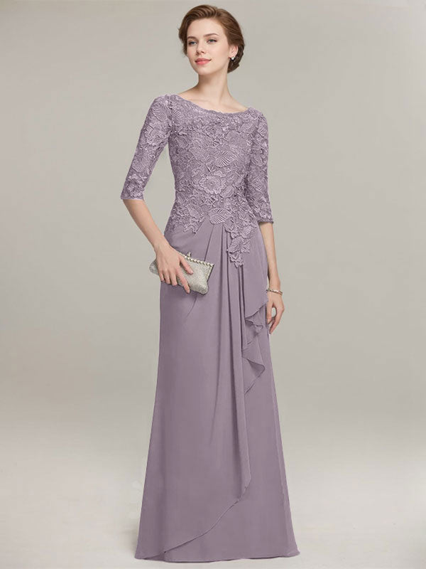 A-Linien Rundhalsausschnitt Illusions bodenlanges Spitzen-Chiffon Mutter der Braut Kleid mit kaskadierenden Rüschen