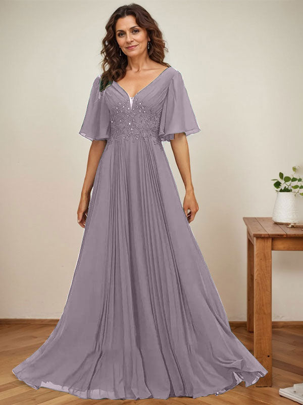 A-Linien V-Ausschnitt bodenlanges Chiffon Mutterkleid der Braut mit Pailletten-Applikationen, Spitze und Falten