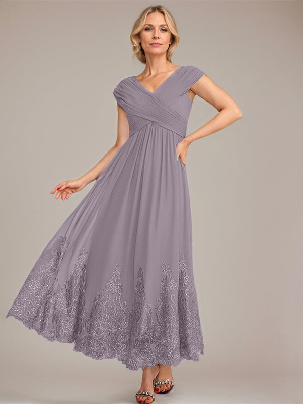 A-Linien V-Ausschnitt Knöchellanges Chiffon Kleid der Brautmutter mit Applikationen und Pailletten