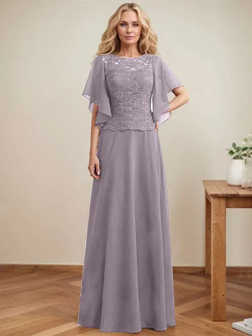 A-Linien Rundhals Illusions-Bodenlanges Spitzen-Chiffon Mutter-der-Braut-Kleid mit Pailletten