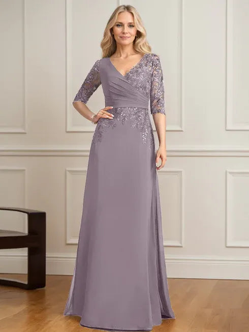 A-Linien V-Ausschnitt bodenlanges Spitzen-Chiffon Kleid der Brautmutter mit plissierten Pailletten