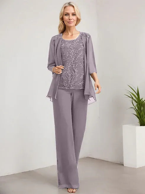 Zweiteiler Jumpsuit/Hosenanzug U-Ausschnitt bodenlanges Spitzen Chiffon Mutter der Braut Kleid mit Pailletten