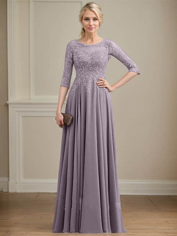 A-line Scoop Illusion Floor-Length Lace Chiffon Mother of the Bride Dress With Sequins