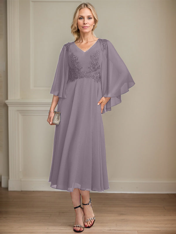 A-Linien-Brautmutterkleid aus Chiffon, V-Ausschnitt, tea-length mit Spitze, Pailletten und Perlen