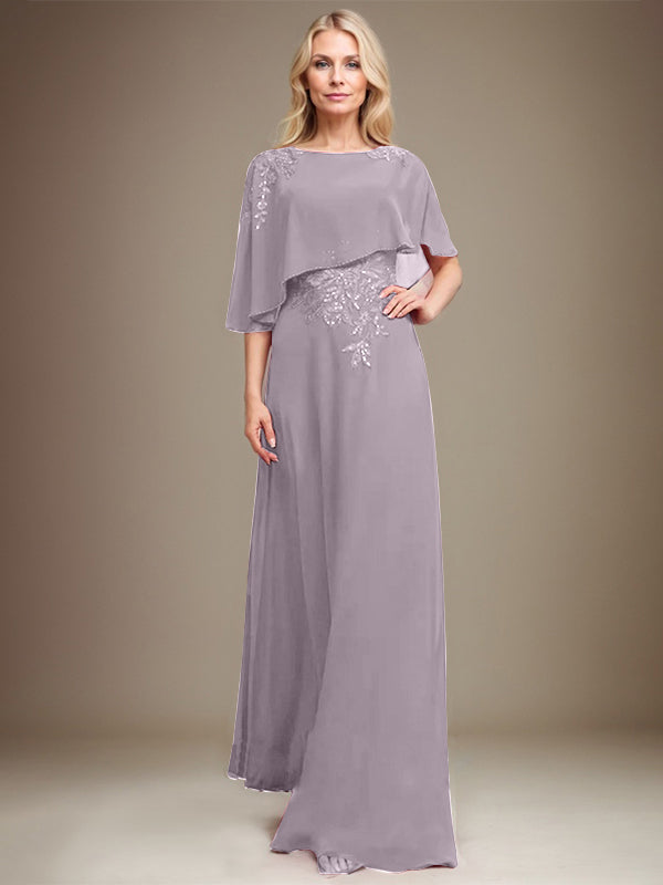 A-Linie Rundhals Bodenlanges Chiffon-Spitzenkleid für die Brautmutter mit Pailletten und Perlen