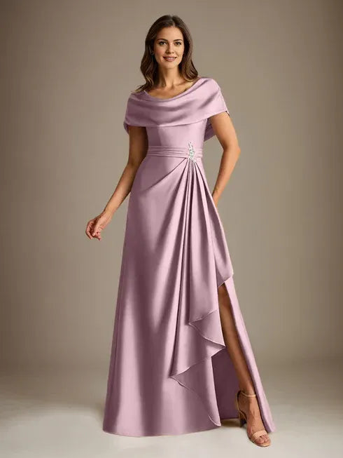 A-Linien-Kleid mit Rundhalsausschnitt, bodenlang, aus Stretch-Satin, Brautmutterkleid mit fallenden Rüschen