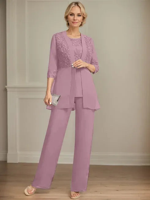 Combinaison/pantalon séparé en mousseline et dentelle, longueur au sol, col rond, robe mère de la mariée avec sequins
