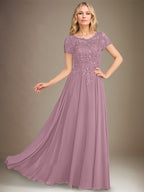 Robe de mère de la mariée en chiffon à coupe évasée, encolure arrondie, longueur au sol, avec appliques et sequins