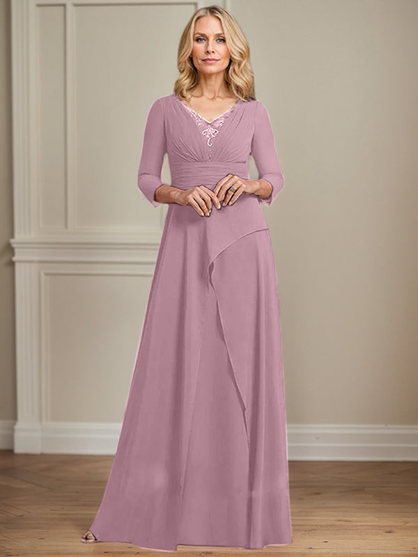 A-Linien Chiffon-Mutter-der-Braut-Kleid mit V-Ausschnitt, bodenlang, plissierte Perlenverzierung