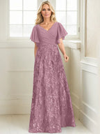 Vestido de madre de la novia en línea A con escote en V, largo hasta el suelo, encaje, lentejuelas y gasa plisada