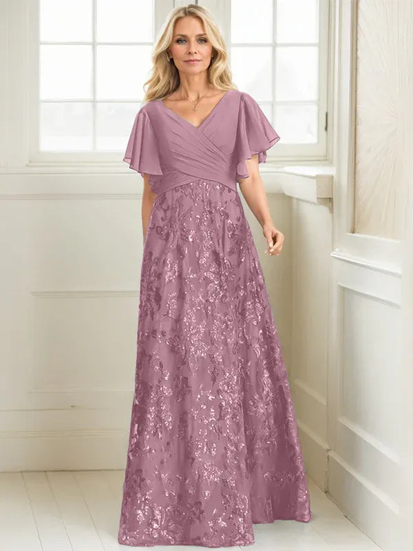 Vestido de madre de la novia en línea A con escote en V, largo hasta el suelo, encaje, lentejuelas y gasa plisada