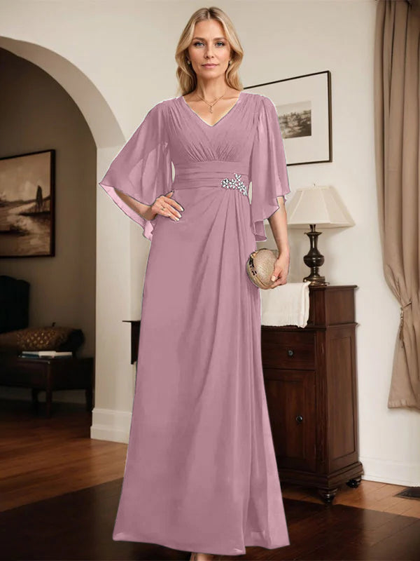 Etuikleid/Säule V-Ausschnitt bodenlanges Chiffon Mutter-der-Braut-Kleid mit plissierten Pailletten und Perlen