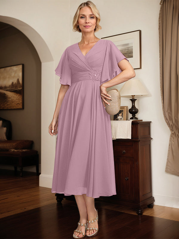 A-Linien Kleid mit V-Ausschnitt, tea-length Chiffon, Mutter der Braut mit plissierten Perlen