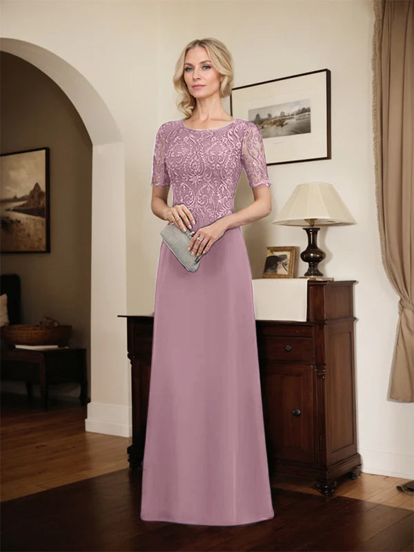 A-Linien Spitzen-Chiffon-Mutter-der-Braut-Kleid mit Rundhalsausschnitt, bodenlang und Pailletten