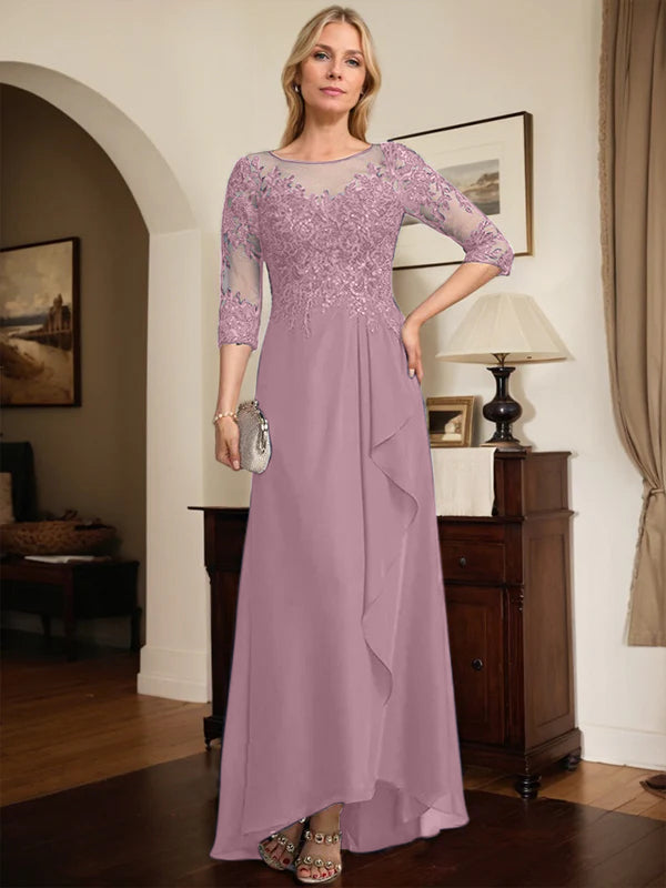 A-Linien Rundhals Illusions-Asymmetrische Spitze Chiffon Brautmutterkleid mit Pailletten und fallenden Rüschen