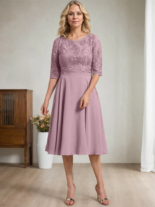 A-Linien Rundhalsausschnitt knielanges Spitzen-Chiffon Kleid für die Mutter der Braut