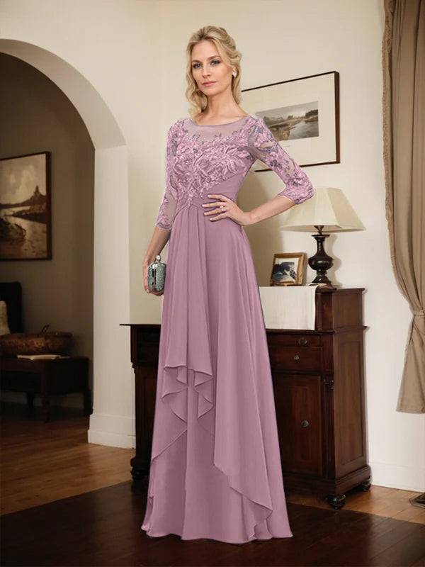 Robe mère de la mariée en ligne A avec col rond illusion, dentelle et chiffon longueur sol avec volants en cascade