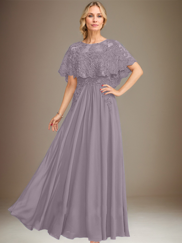 A-Linien Spitzen-Chiffon-Mutter-der-Braut-Kleid mit Bootsausschnitt, bodenlang und Applikations-Pailletten