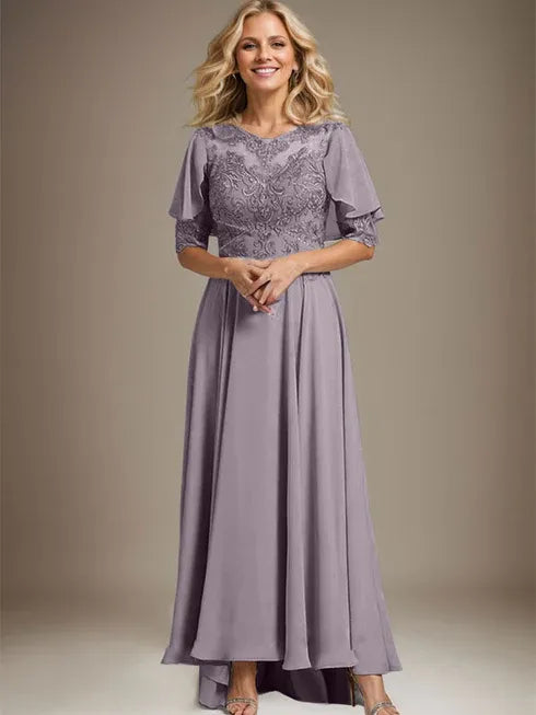 A-Linien Kleid mit Scoop-Ausschnitt, Illusion, asymmetrischem Chiffon und Spitzen, Mutter-der-Braut-Kleid mit Perlenbesatz