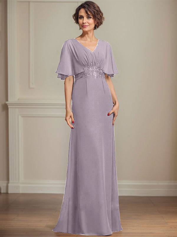 A-Linien Chiffon Mutter-der-Braut-Kleid mit V-Ausschnitt, bodenlang, mit plissierten Pailletten-Applikationen und Spitze
