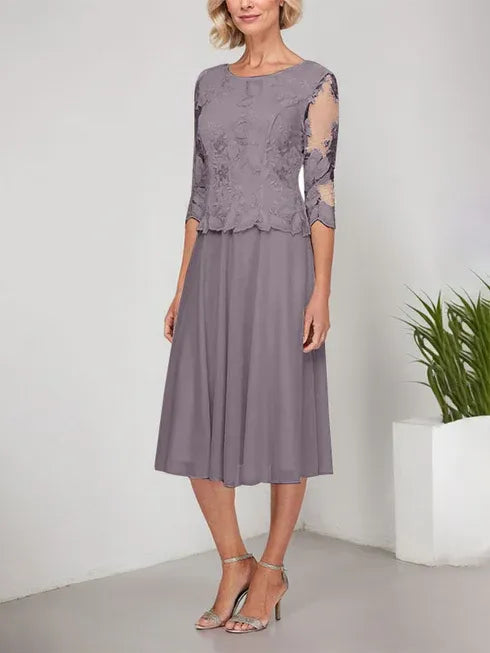 A-Linie Rundhals Tee-Länge Spitze Chiffon Mutter-der-Braut-Kleid mit Stickerei