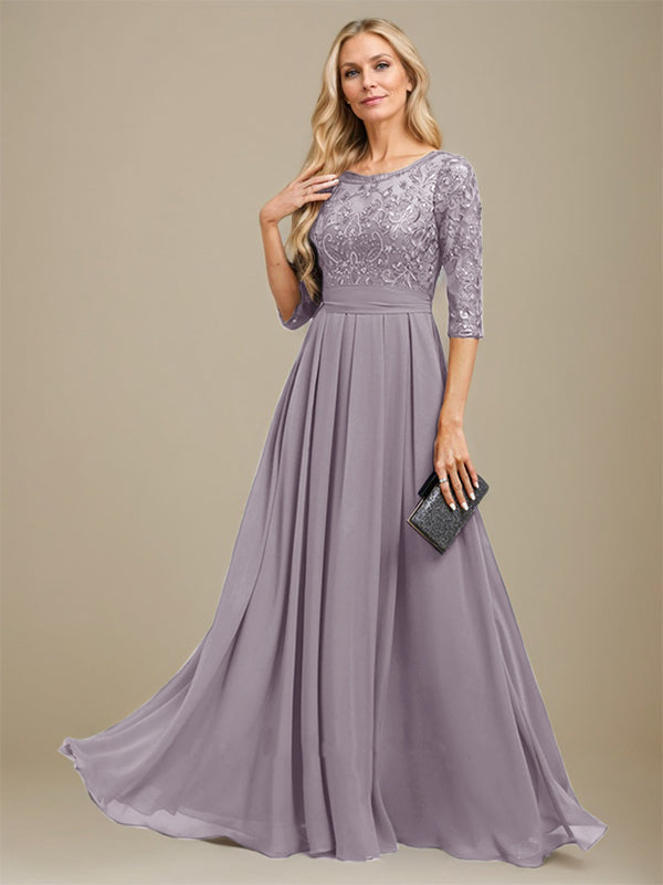A-Line Scoop Floor-Length Lace Chiffon Mother Of the Bride Dress With Sequins Applique