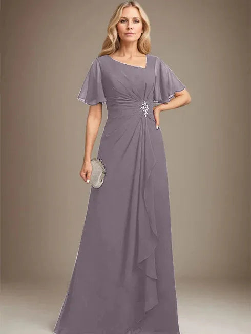 A-Linien asymmetrisches bodenlanges Chiffon Mutter-der-Braut-Kleid mit plissierten Perlen und Pailletten