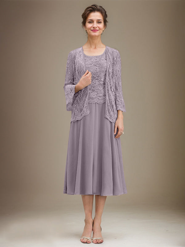 A-Linien Spitzen-Chiffon-Brautmutterkleid mit V-Ausschnitt, tea-length, mit Pailletten