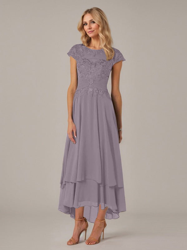 A-Linien Boot-Ausschnitt Illusions asymmetrisches Chiffon-Spitzen Mutterkleid der Braut mit Applikationsfalten