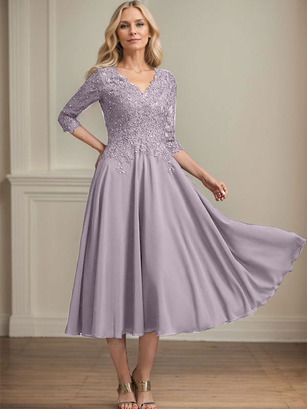 Robe de mère de la mariée en mousseline longueur thé, ligne A, col en V, en dentelle avec perles et sequins