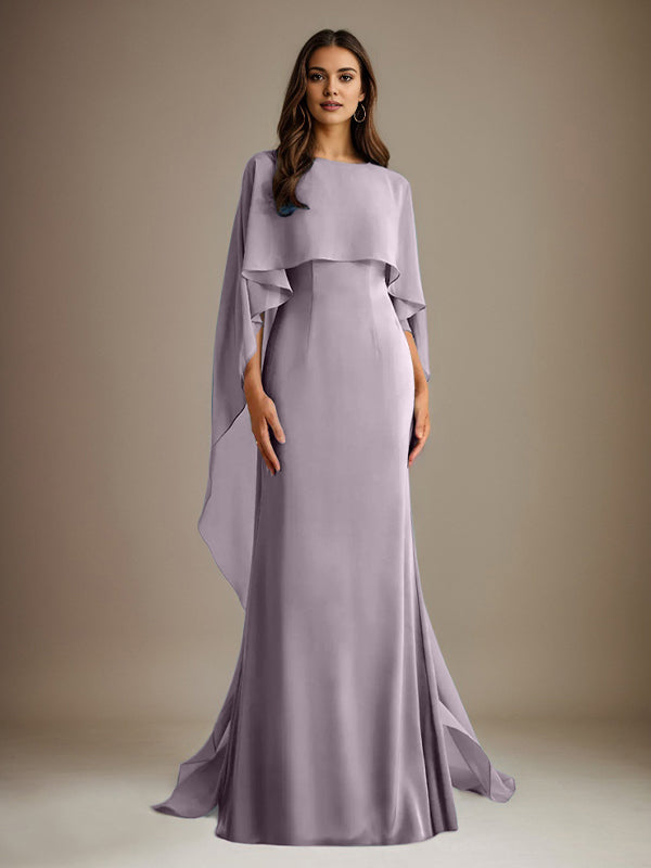 Etuikleid/Säulenkleid Bootsausschnitt bodenlanges Chiffon Mutter-des-Braut-Kleid mit kaskadierenden Rüschen
