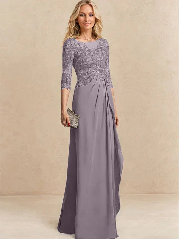 Vestido para la madre de la novia línea A con escote redondo ilusión, largo hasta el suelo, de gasa y encaje con cuentas, lentejuelas y volantes en cascada