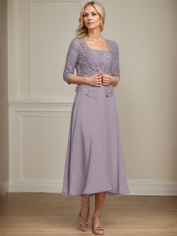 Robe de mère de la mariée en mousseline et dentelle ligne A longueur thé avec perles et sequins