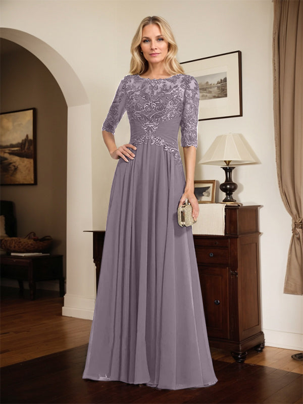 A-Linien Ausschnitt Illusions-Bodenlanges Chiffon-Spitzenkleid für die Mutter der Braut mit plissierten Pailletten