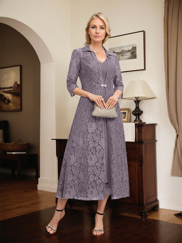 Robe mère de la mariée en mousseline longueur thé à encolure en V et coupe trapèze