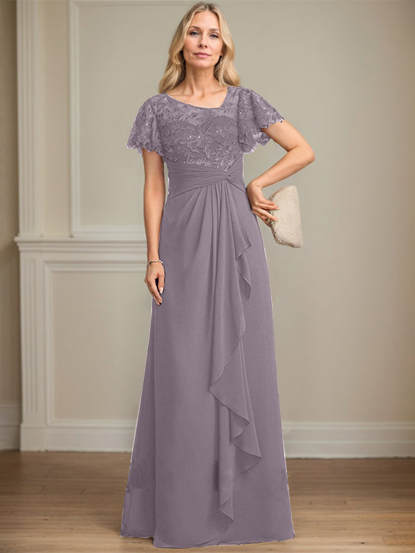 A-Linie asymmetrisches Illusions bodenlanges Spitzen-Chiffon Brautmutterkleid mit kaskadierenden Volants und Pailletten