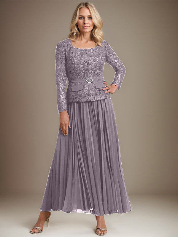 A-Linien-Kleid mit quadratischem Ausschnitt, knöchellang, Chiffon, Mutter der Braut, mit Falten