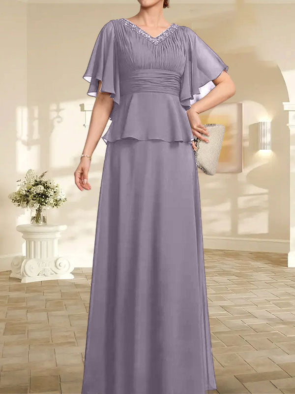 Robe mère de la mariée ligne A en chiffon longue au sol avec décolleté en V et perles plissées