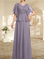 Robe mère de la mariée ligne A en chiffon longue au sol avec décolleté en V et perles plissées