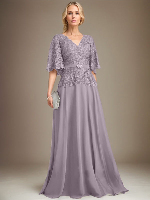 A-Linien V-Ausschnitt Bodenlanges Chiffon-Spitzen Mutter-der-Braut-Kleid mit Kristallbrosche und Strass