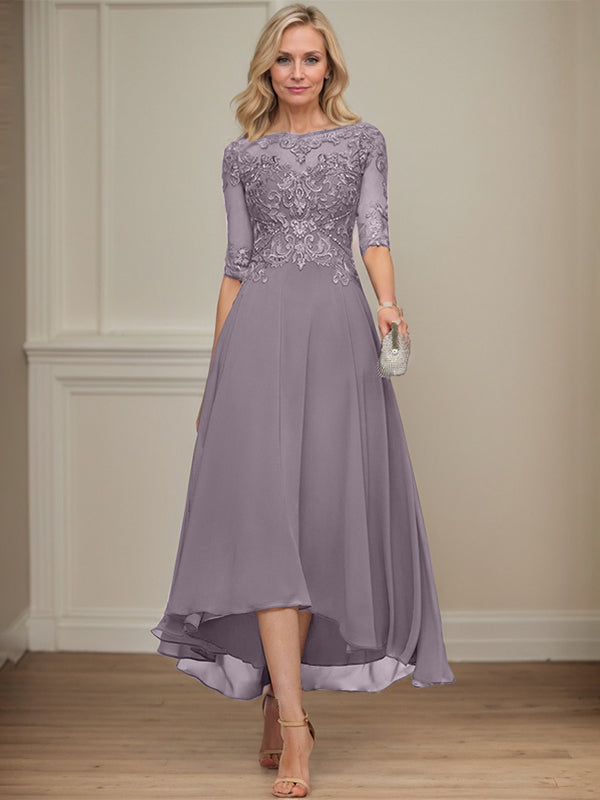 A-Linien Bootsausschnitt Illusionskleid mit asymmetrischem Chiffon-Spitzenstoff, Mutter-der-Braut-Kleid mit Paillettenperlen