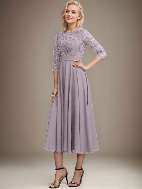 A-Linien Spitzen-Chiffon-Brautmutterkleid mit V-Ausschnitt, tea-length, mit Pailletten