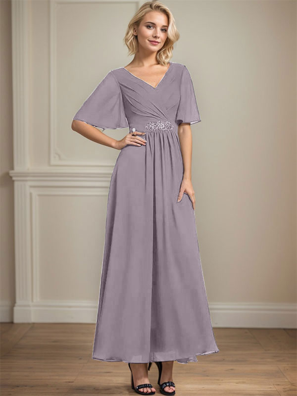 A-Linien V-Ausschnitt Knöchellanges Chiffon Kleid für die Brautmutter mit plissierten Perlen und Pailletten