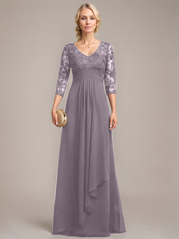 A-Linien V-Ausschnitt bodenlanges Spitzen-Chiffonkleid für die Mutter der Braut mit kaskadierenden Rüschen und Pailletten