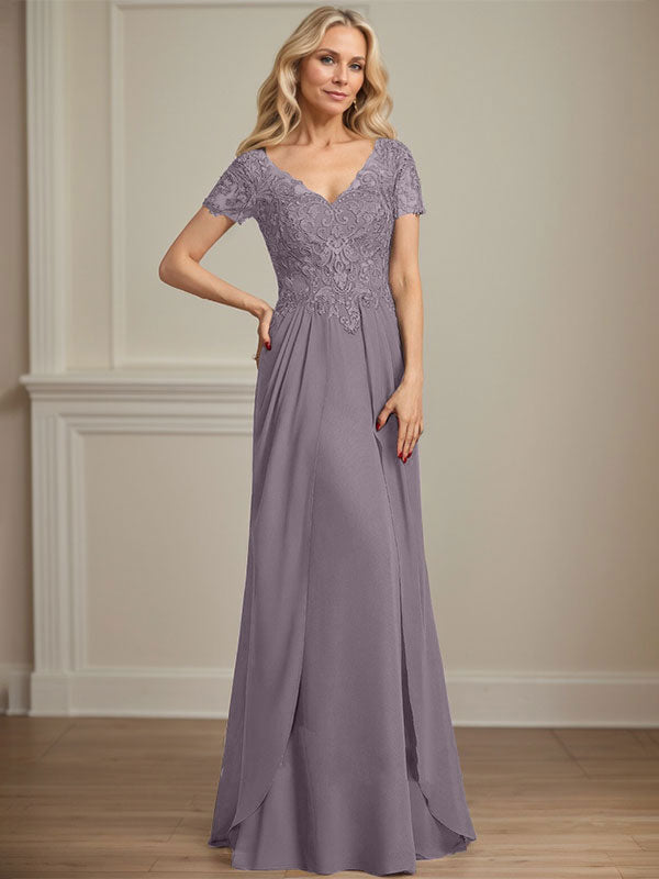 A-Linien Chiffon-Spitzen-Mutter-der-Braut-Kleid mit V-Ausschnitt, bodenlang