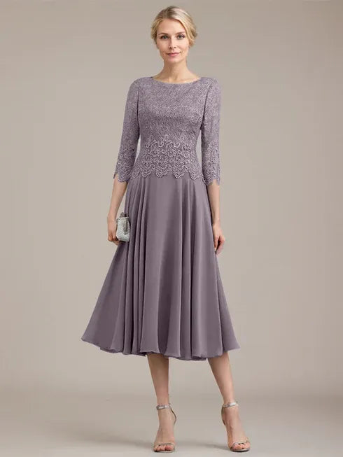 A-Linien Kleid mit Rundhalsausschnitt, tea-länge, Spitze und Chiffon, Mutter der Braut Kleid