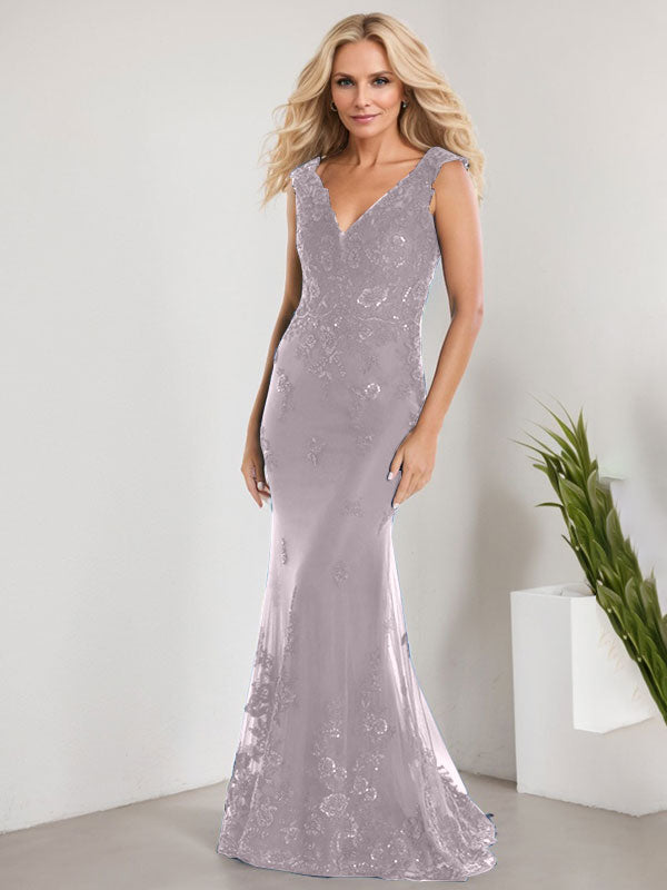 A-Linien V-Ausschnitt bodenlanges Spitzen-Chiffon Kleid für die Brautmutter mit Applikationen und Pailletten Meerjungfrauenkleid