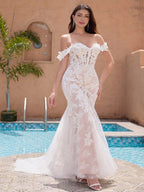Gorgeous Off the Shoulder Applique Mermaid Maxi Wedding Dress